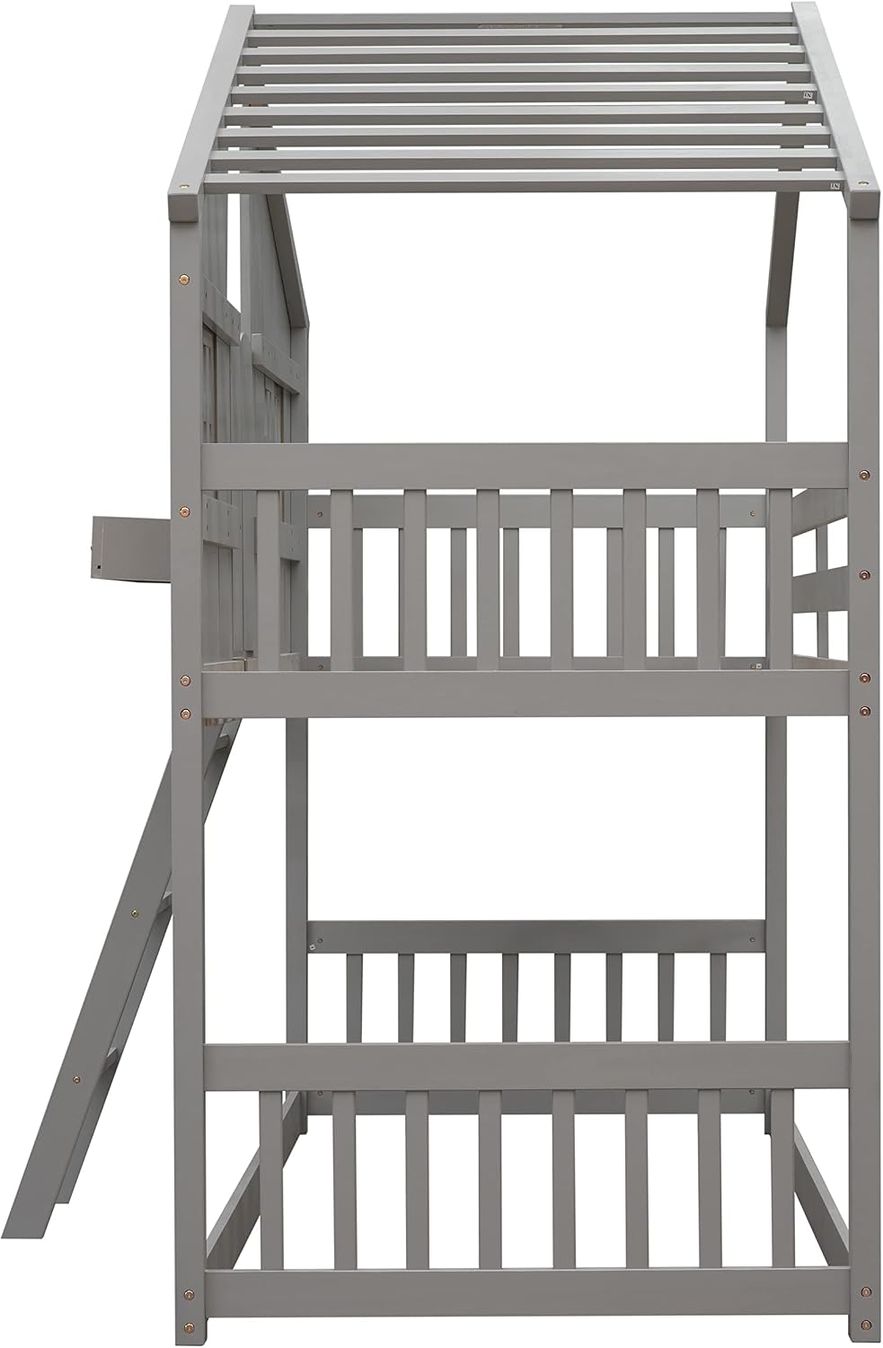 Polibi House Bunk Bed, Twin Over Twin with Roof, Window & Door, 2 Small Window Box Shelves,Safety Guardrails & Ladder, Low-Height Kids Playhouse Bed,Grey