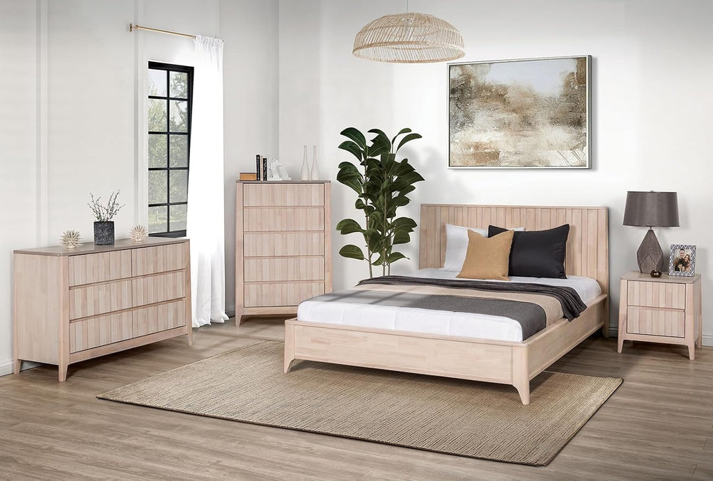 MASARA 3-Piece Mid-Century Modern Bedroom Set, White Wash Solid Hardwood, Queen/Full/Twin Bed with 2 Nightstands, Vertical Reeding (Full)