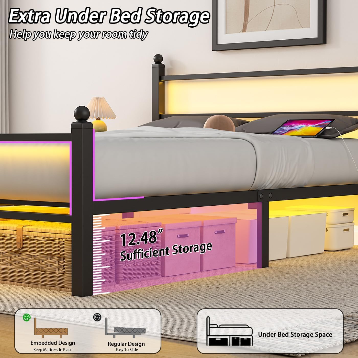 Full Size Bed Frame with Headboard and Footboard,Black Metal Platform Bed Frames with LED Lights and USB Charging Station,Heavy Duty Metal Slats,No Box Spring Needed,Sturdy&Noise Free