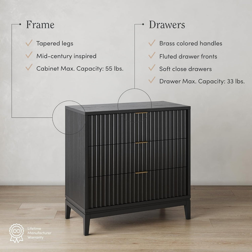 Nathan James Jasper 3 Drawer, Bohemian Fluted, Solid Wood for Nursery, Small Dresser for Bedroom, Black Oak