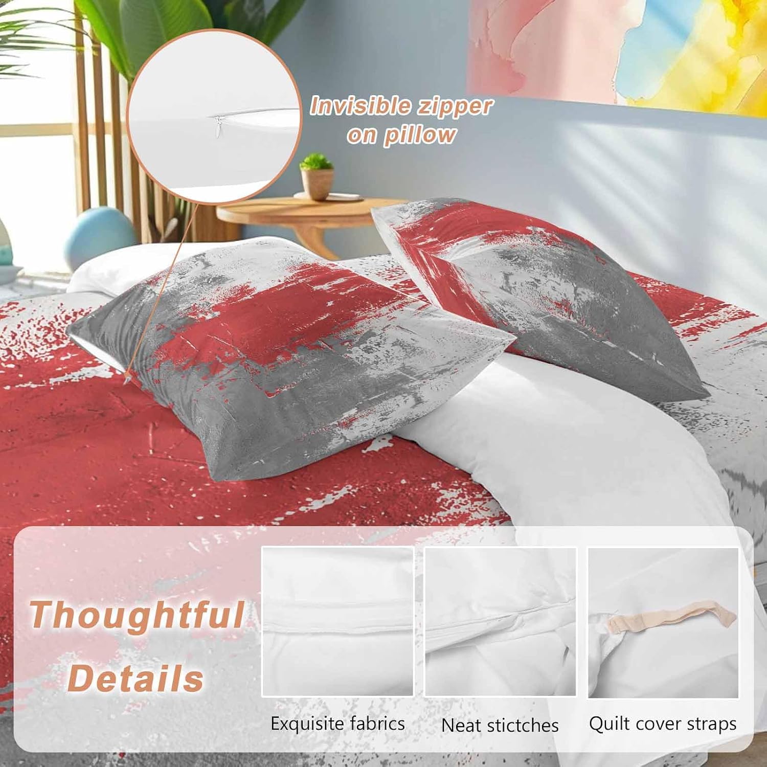 Abstract Art Duvet Cover Set Queen Size 4 Pieces Red Grey Wall Mottled Texture Minimalist Modern Bedding Set with Zipper Closure, 1 Comforter Cover 92x106 Inches 1 Flat Sheet & 2 Pillow Cases