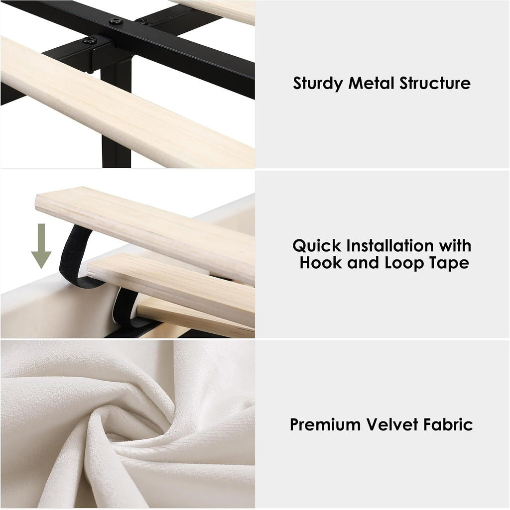 Keyluv Queen Led Car Bed Frame with Wheels Decor & Adjustable Curved Headboard Modern Upholstered Platform Bed with Detachable Pillows Solid Wooden Slats Support No Box Spring Needed, Velvet Beige