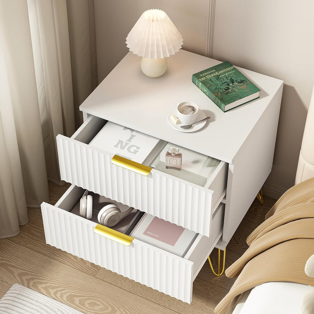 6 Drawer Dresser and Nightstand Sets for Bedroom, 3 Pcs Bedroom Set, Night Stand Set of 2 & 6 Drawer Dresser with Gold Handles, Modern Wood Chest of Drawers Storage Cabinet Set, White