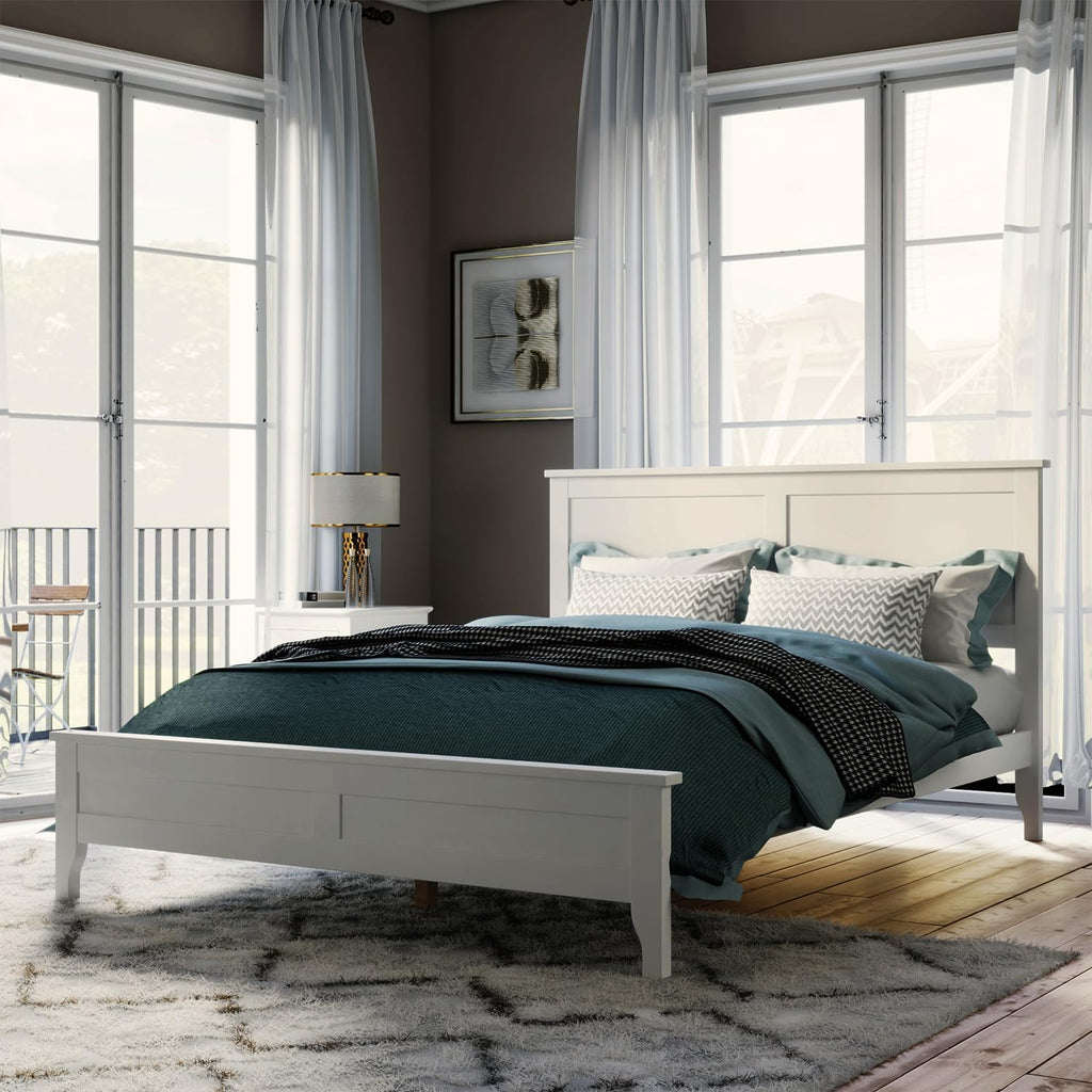 Queen Size Wood Bed Frame and Headboard, Modern Retro White Platform Beds Frames, Sturdy and Durable Design Rustic Wooden Bedroom Set, Easy Assembly, No Box Spring Needed (White, Queen)