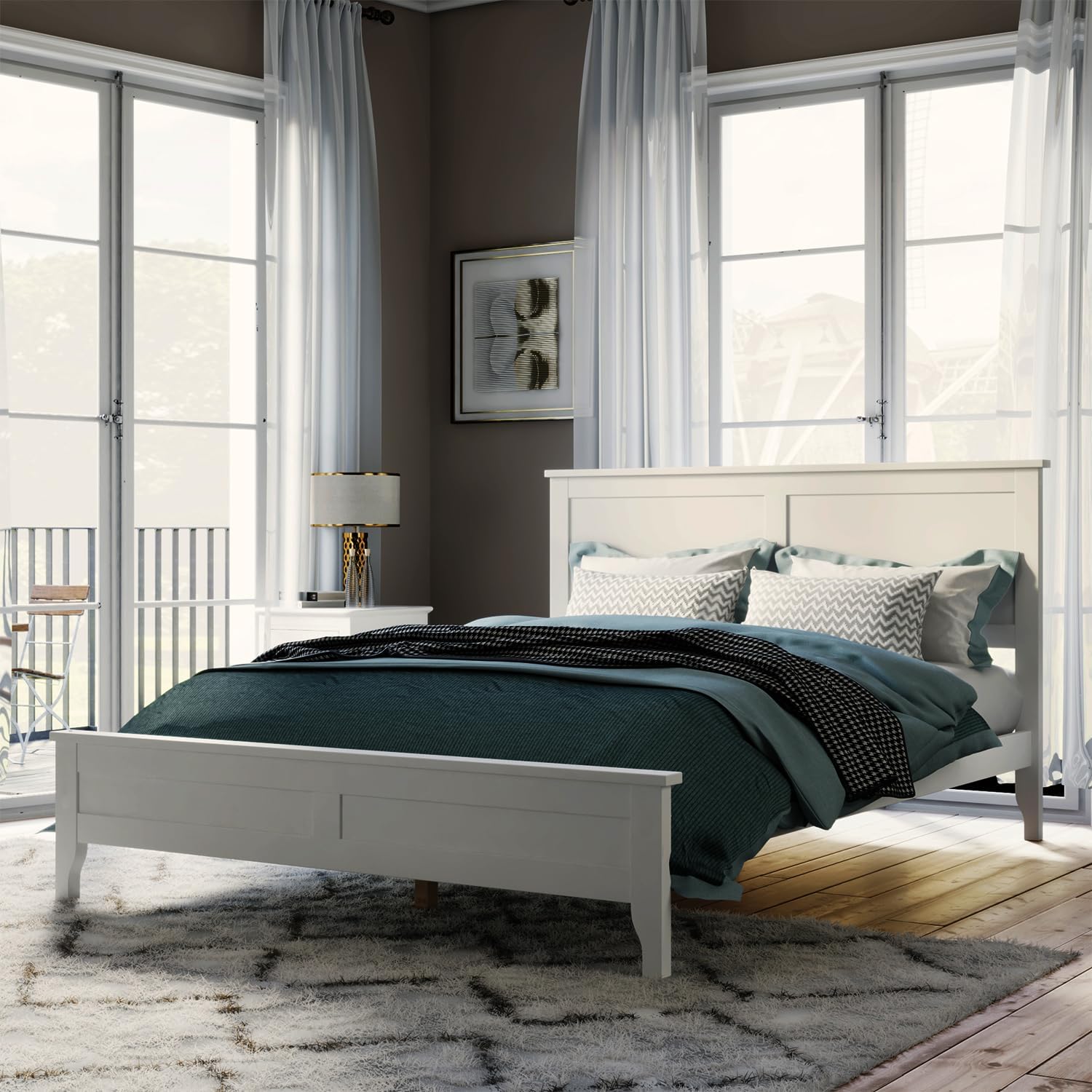 Full Size Wood Bed Frame and Headboard, Modern Retro White Platform Beds Frames, Sturdy and Durable Design Rustic Wooden Bedroom Set, Easy Assembly, No Box Spring Needed (White, Full)