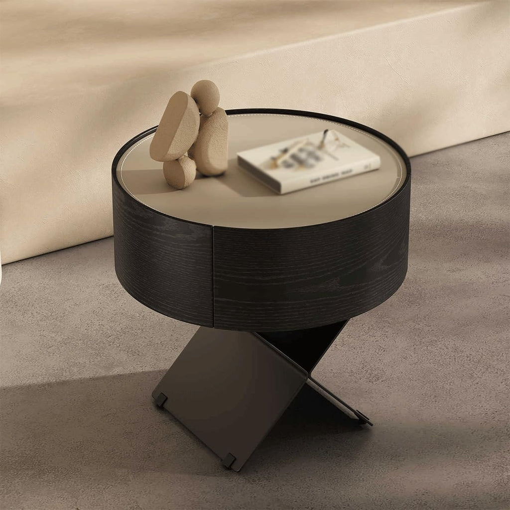 Modern Minimalist Circular Bedside Table, Black Wood Grain Storage Cabinet with Single Drawer, Suitable for Minimalist Decoration in bedrooms and Living Rooms((16x16x20in))