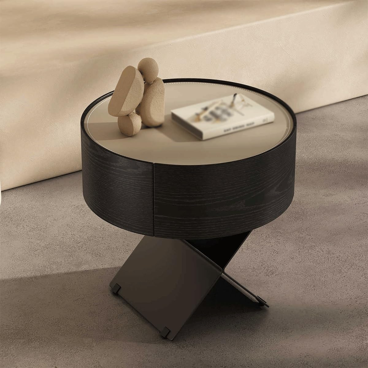 Modern Minimalist Circular Bedside Table, Black Wood Grain Storage Cabinet with Single Drawer, Suitable for Minimalist Decoration in bedrooms and Living Rooms((16x16x20in))