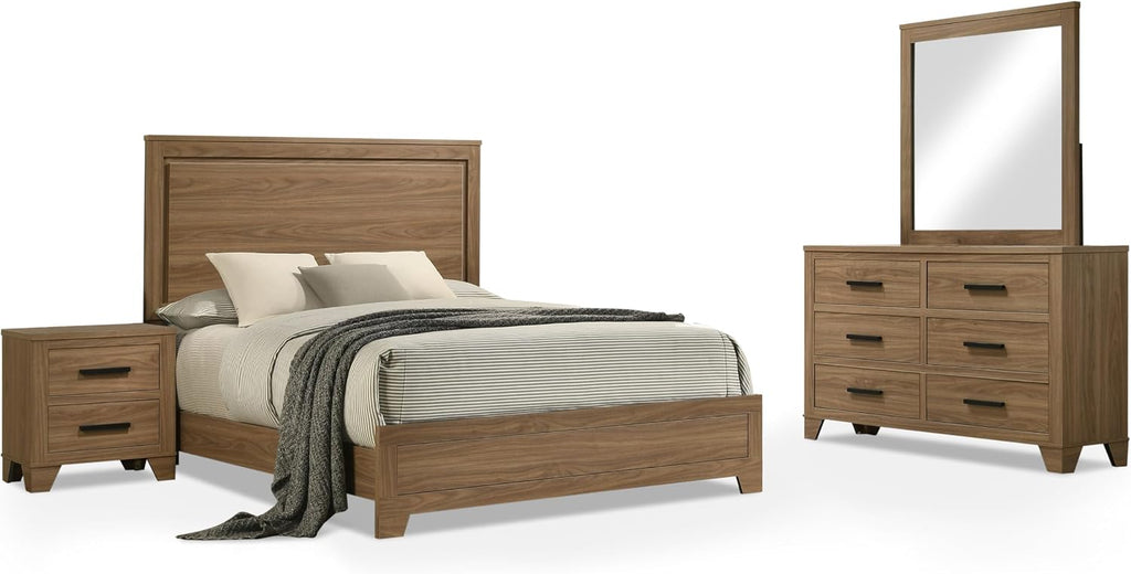 Furniture of America Nomal Modern Solid Wood 4-Piece Bedroom Set with Recessed Panel Headboard Bed, Metal Center Glide on Nightstand and Dresser with Mirror, Box Spring Needed, King, Chestnut Brown