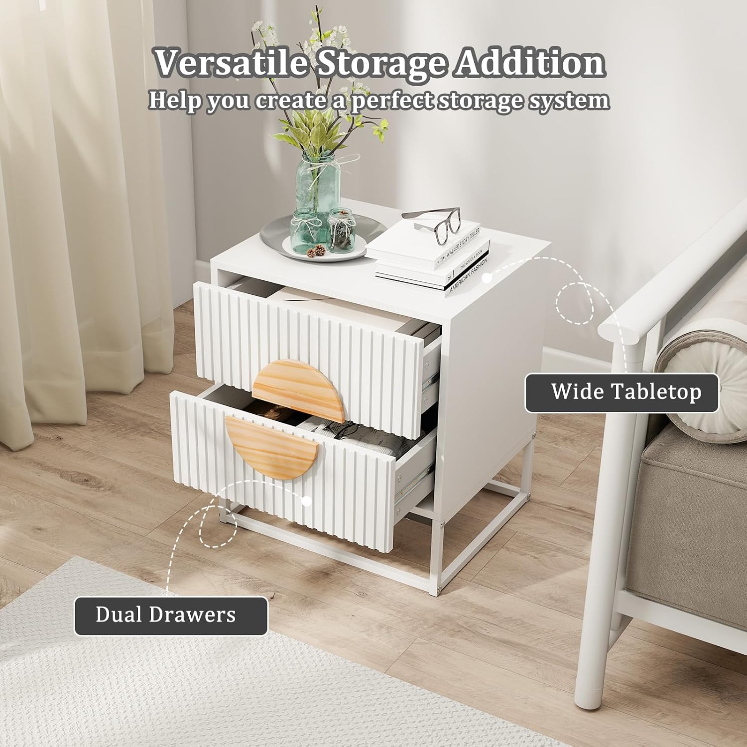 Giantex Fluted Nightstand with 2 Drawers Set of 2, White Wood Bedside Table with Natural Circle Handle & Metal Frame, Minimalist Accent End Table, Modern Mid Century Night Stand for Bedroom