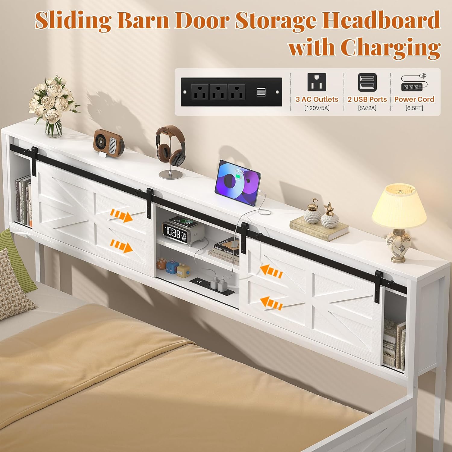 Homieasy Farmhouse Twin Daybed with Pop-Up Trundle, Metal Trundle Bed Frame with Bookcase Headboard, Charging Station & Barn Door Storage for Bedroom & Guest Room, White