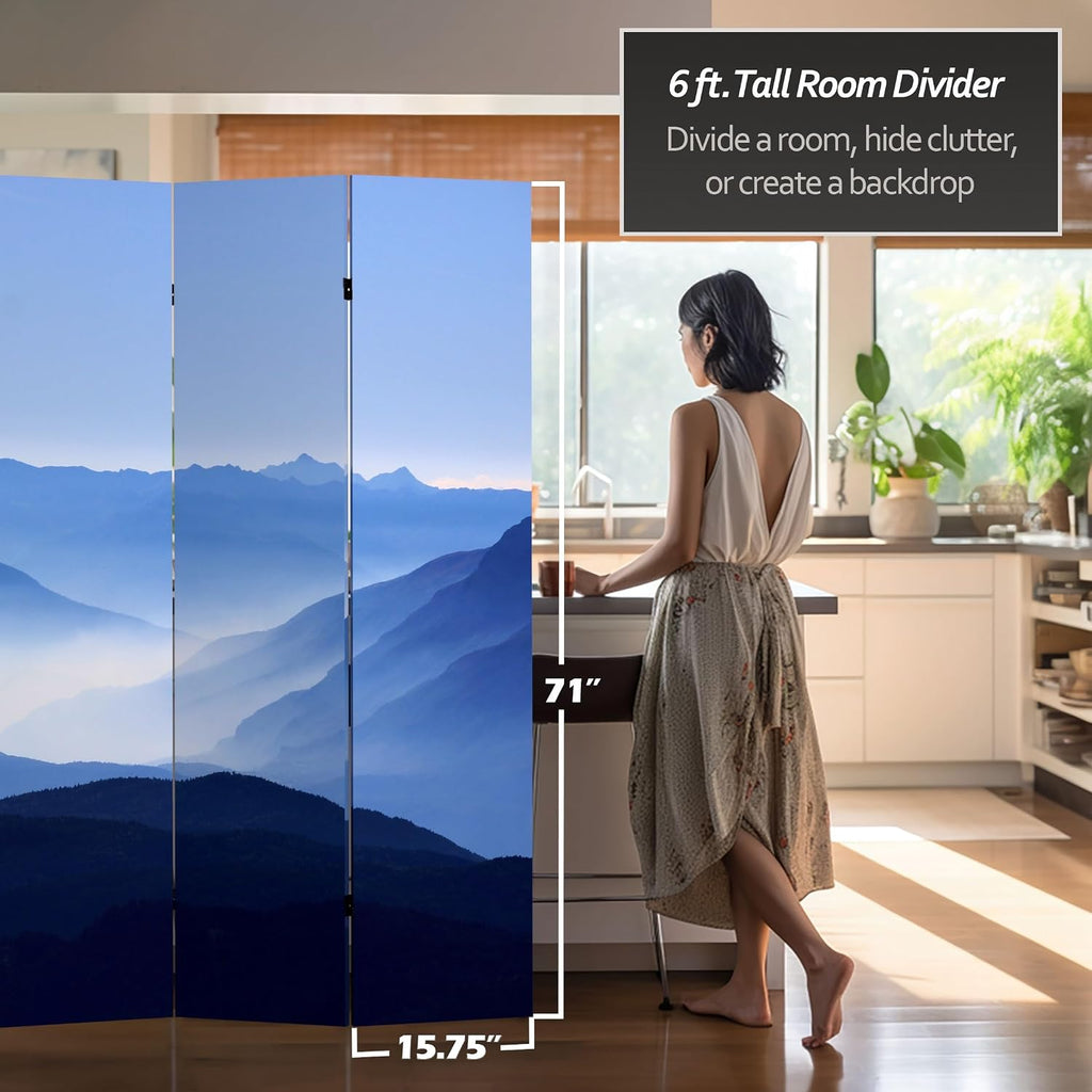 Red Lantern 6 ft. Tall Double Sided Misty Mountain Canvas Room Divider 3 Panel Freestanding Folding Privacy Screen Partition and Separator for Modern and Contemporary Bedroom Home Office Studio Dorm