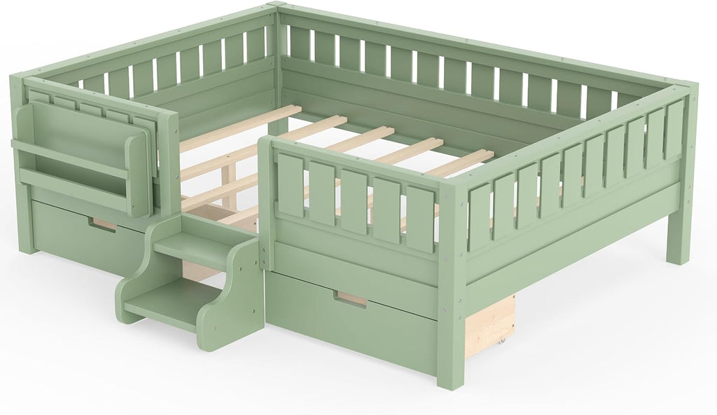 Bellemave Full Size Montessori Bed with Stairs, Rails and Slats, Full Size Montessori Floor Bed with Bookshelf and 2 Storage Drawers, Easy Assemble Beds Frame for Girls, Boys, Avocado Green