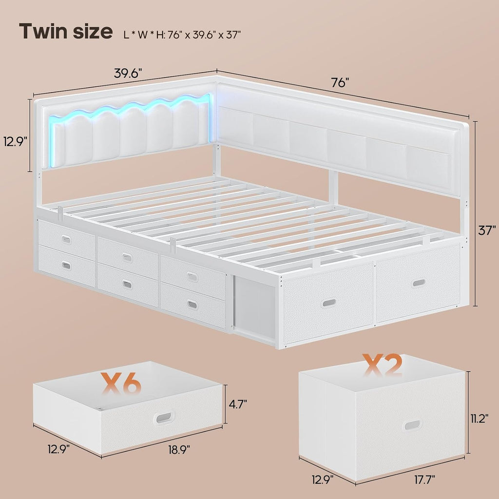 ADORNEVE Twin Corner Bed Frame with 8 Drawers, 6 Storage Pockets, Twin Daybed with Storage and RGB Wave Lights, Twin Size Platform Bed with L-Shaped Upholstered Guardrail for Kids Teen,White