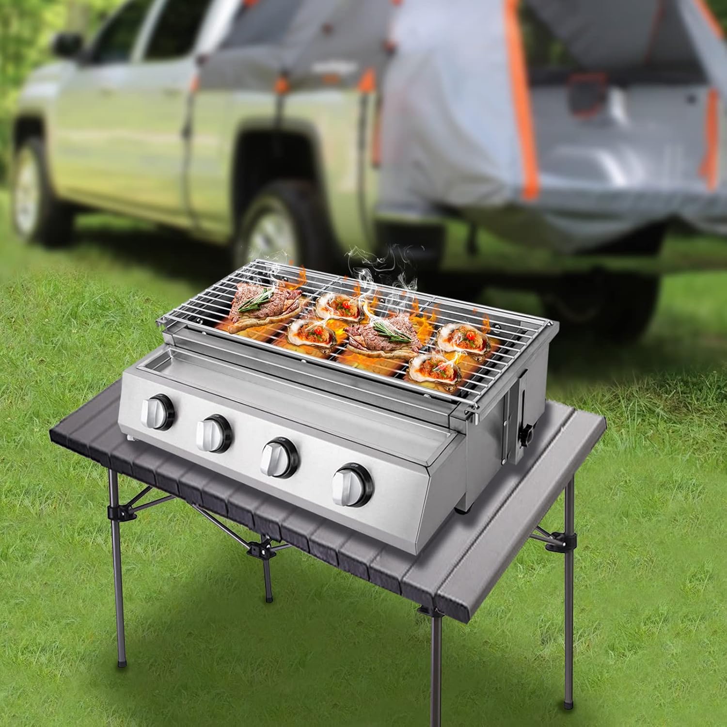Tabletop Grill Smokeless BBQ with 4 Burners Portable Gas Barbecues Griddle with 4 Independent Switches Gas Grill Griddle for parties, backyard barbeques, Camping, Tailgating or Picnicking
