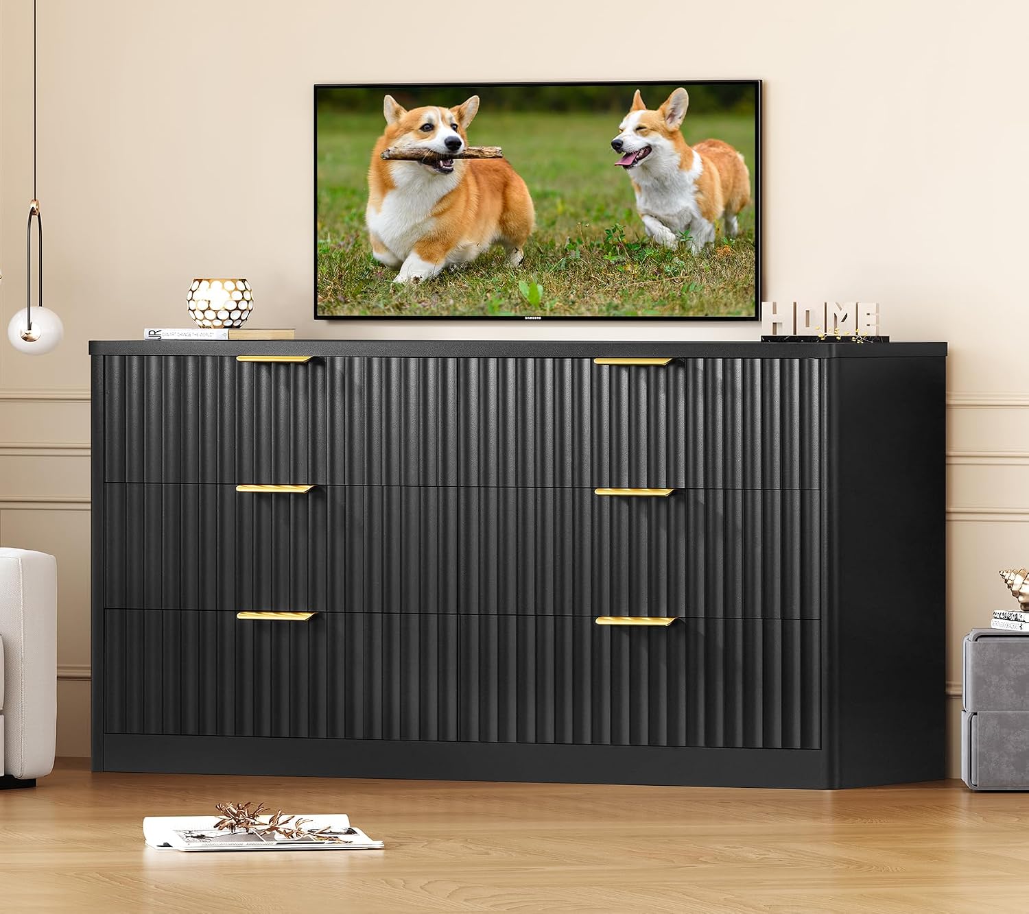 TEENFON Fluted 6 Drawer Dresser for Bedroom, Wide Modern Chest of Drawers with Metal Handle, Curved Profile Design, Wood Closet Clothes Storage Organizer for Bedroom, Living Room, Hallway, Black