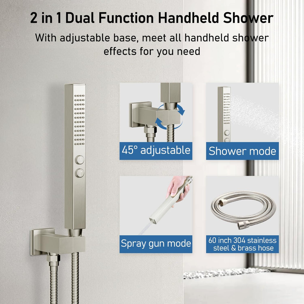 Thermostatic Shower System Brushed Nickel, STARBATH Shower Faucets Sets 12+ 6' Wall Mount Rain Shower and 2 in 1 Handhled, Can Use All at Once, Push Button 3 Modes Valve Complete Shower Set