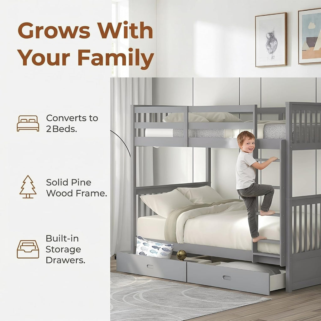 Harper & Bright Designs Twin-Over-Twin Bunk Bed with Two Storage Drawers, Solid Wood Twin Size Bunk Bed with Guardrial and Removble Ladder, Can be Converted Into 2 Separate Beds, Grey