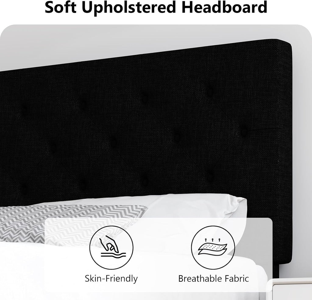 HOMBCK Queen Bed Frame, Linen Fabric Upholstered Platform Bed Frame, Button Tufted Bed Frame Queen Size, Wooden Slat Support, No Box Spring Needed, Easy Assembly, Black