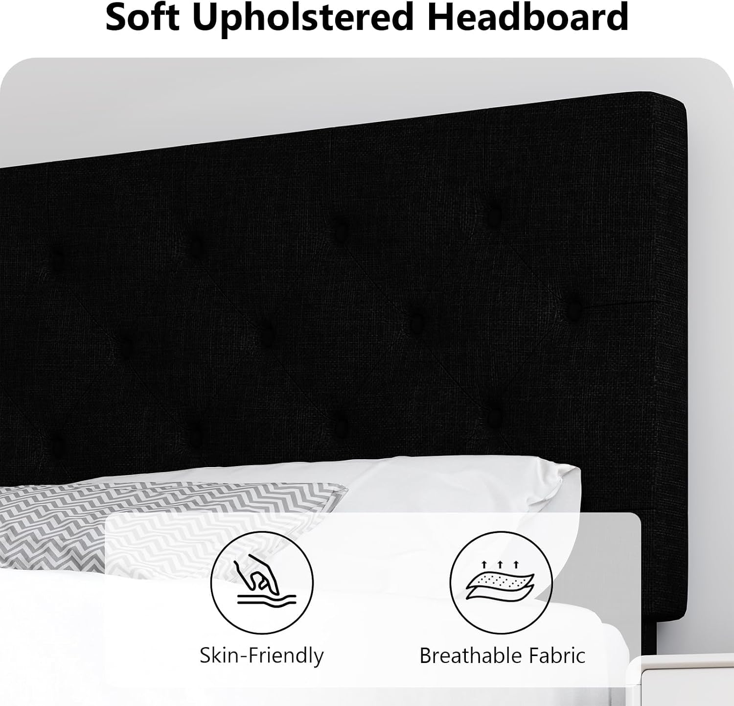 HOMBCK Queen Bed Frame, Linen Fabric Upholstered Platform Bed Frame, Button Tufted Bed Frame Queen Size, Wooden Slat Support, No Box Spring Needed, Easy Assembly, Black