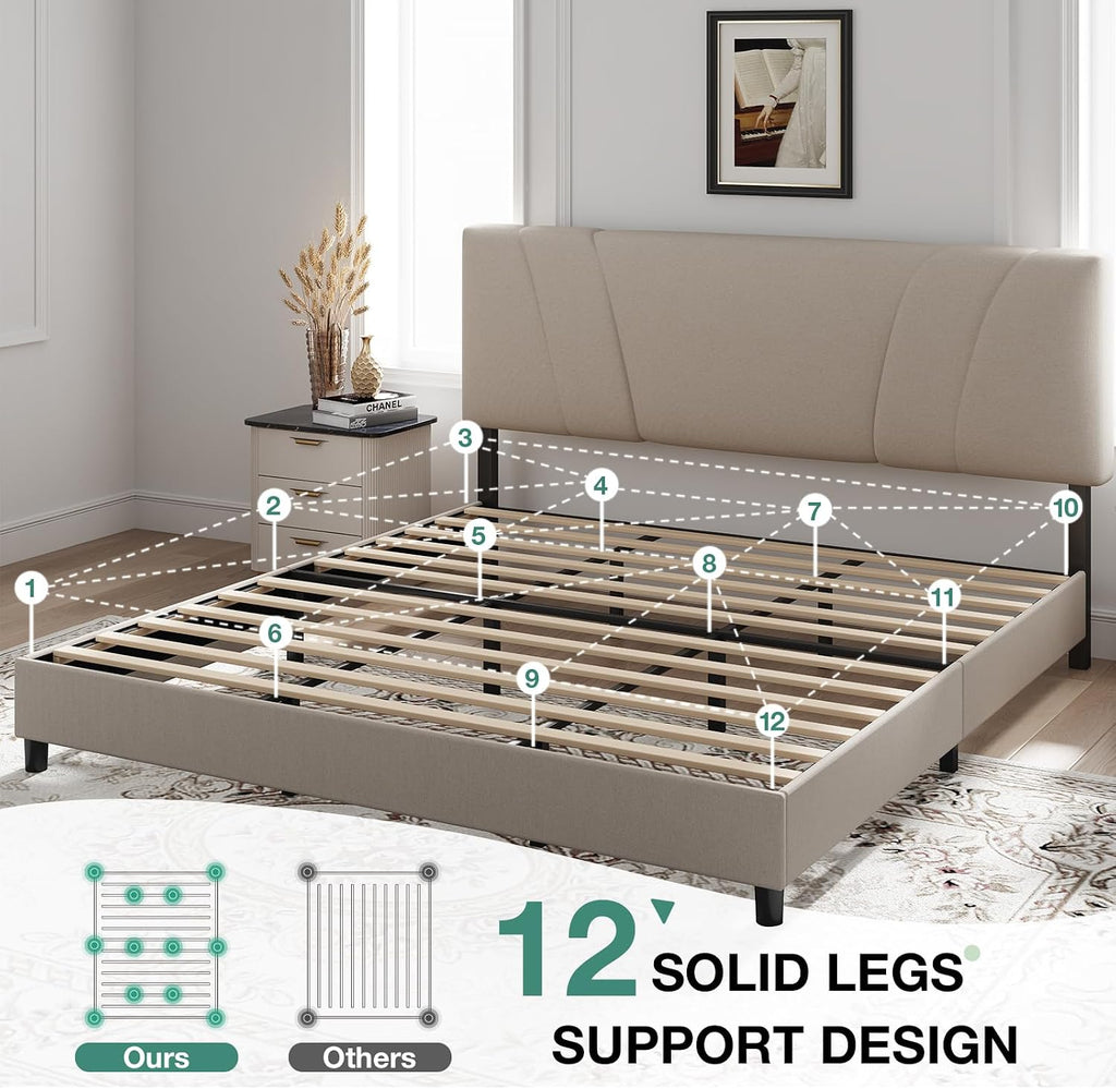 Novilla King Size Bed Frame with Adjustable Headboard Platform King Bed Frame Linen Fabric Upholstered Headboard, No Box Spring Needed, Noise-Free, Wooden Slats Support, Easy Assembly, Beige