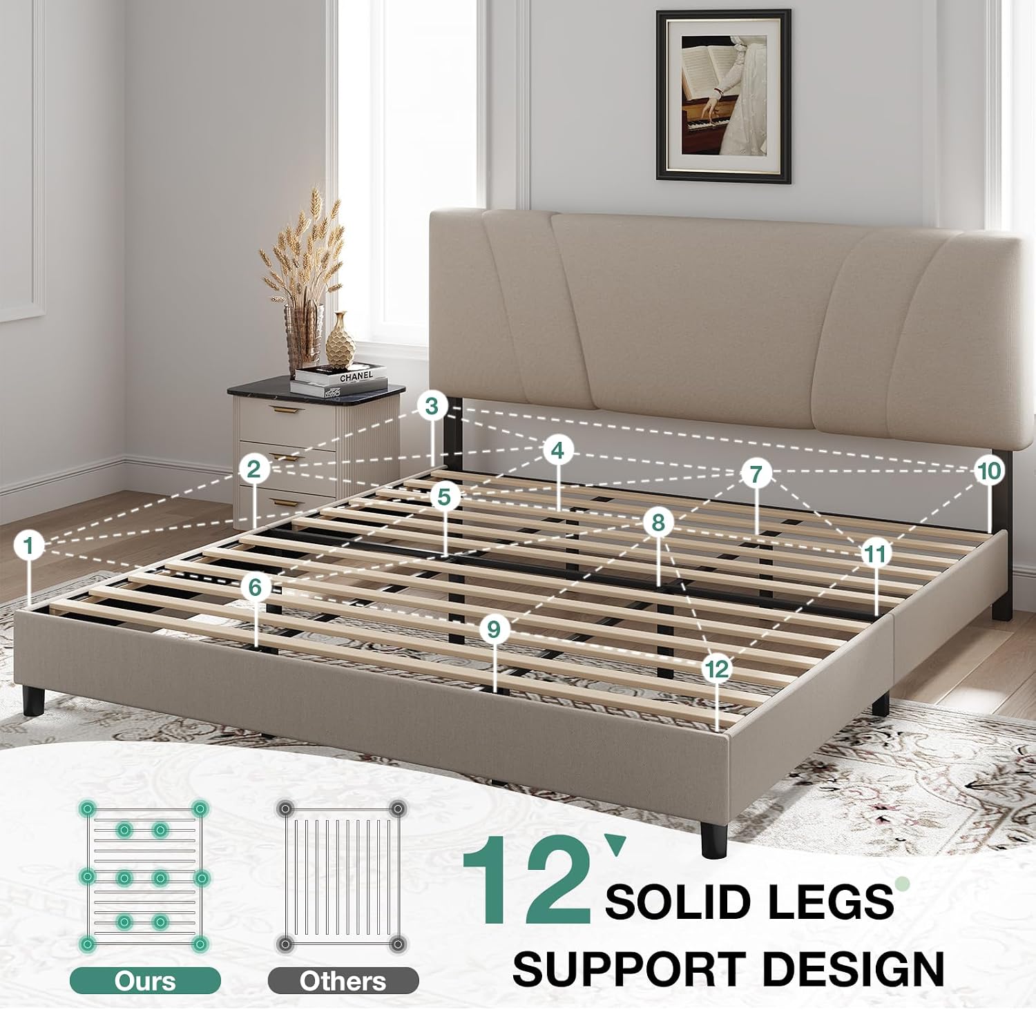 Novilla King Size Bed Frame with Adjustable Headboard Platform King Bed Frame Linen Fabric Upholstered Headboard, No Box Spring Needed, Noise-Free, Wooden Slats Support, Easy Assembly, Beige