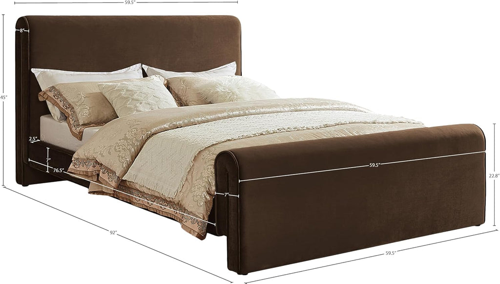 Meridian Furniture SloanBrown-F Sloan Collection Modern | Contemporary Velvet Upholstered Full Bed with Rich Soft Brown Velvet, Curved Headboard and Footboard, 59.5' W x 92' D x 45' H, Brown, Full