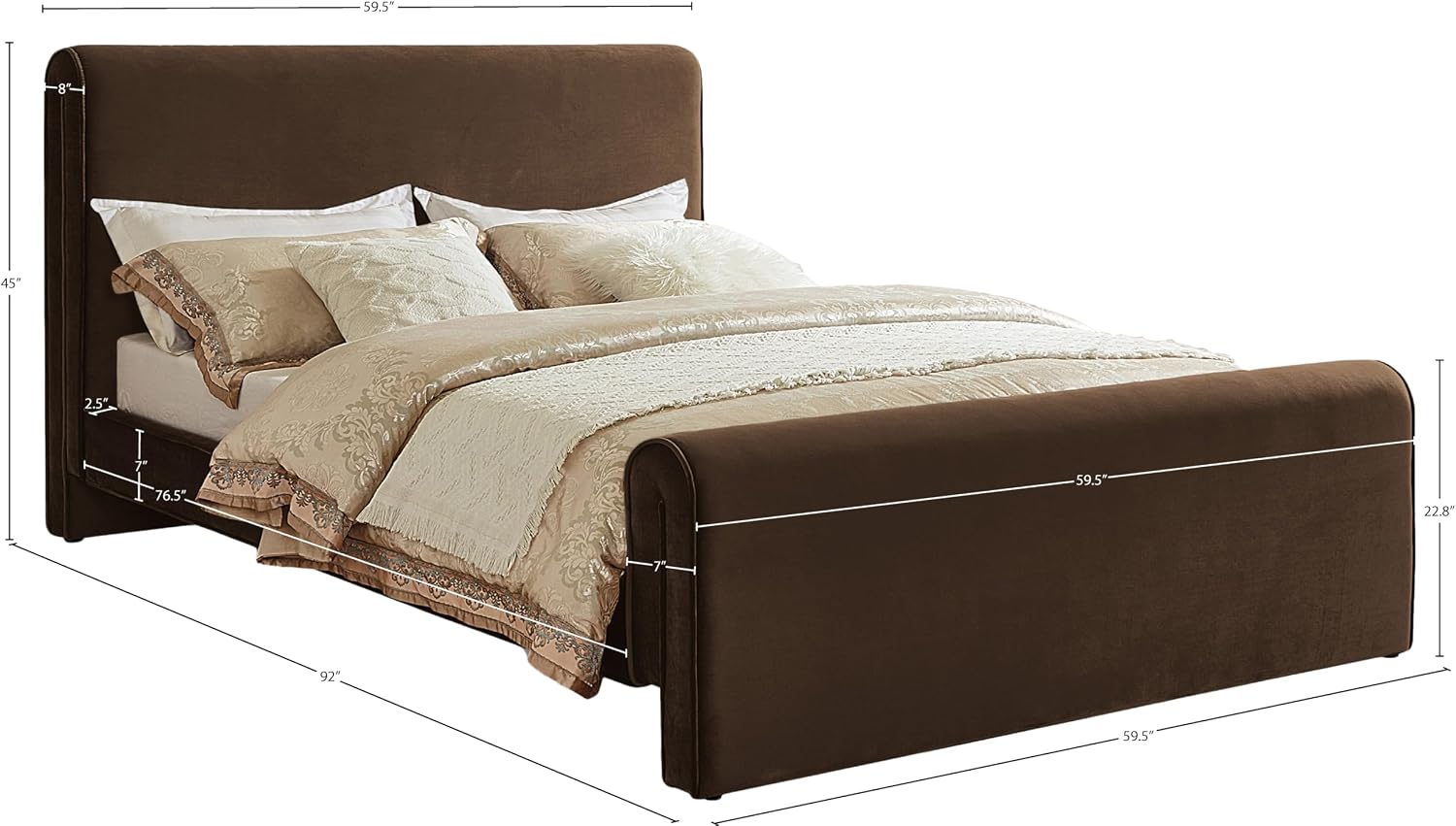 Meridian Furniture SloanBrown-F Sloan Collection Modern | Contemporary Velvet Upholstered Full Bed with Rich Soft Brown Velvet, Curved Headboard and Footboard, 59.5' W x 92' D x 45' H, Brown, Full
