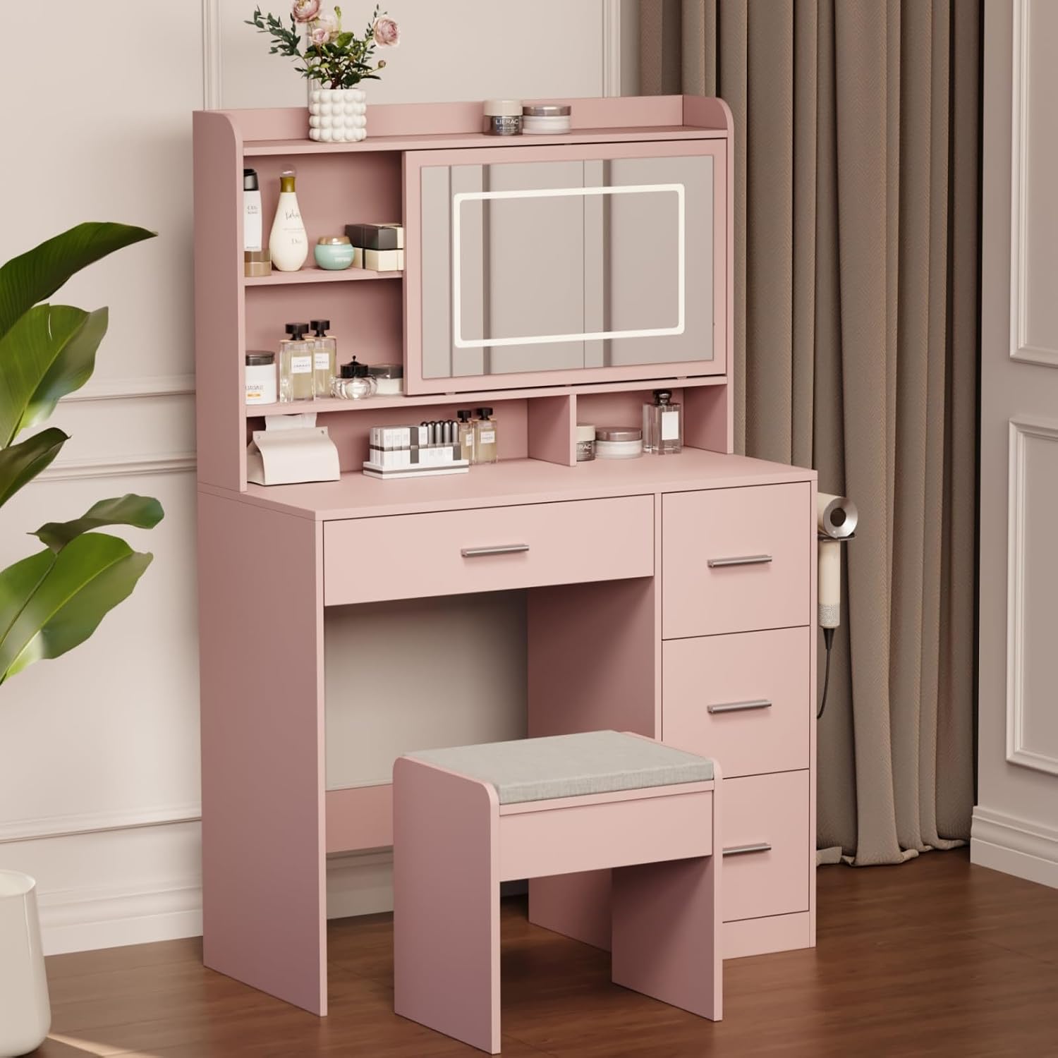 Viaozutis Vanity Desk with a Mirror and Lights，with Chair and Four Drawers, Three Adjustable Lighting Modes，with Power Outlet and Sliding LED Mirror,Bedroom Vanity Desk (Pink)