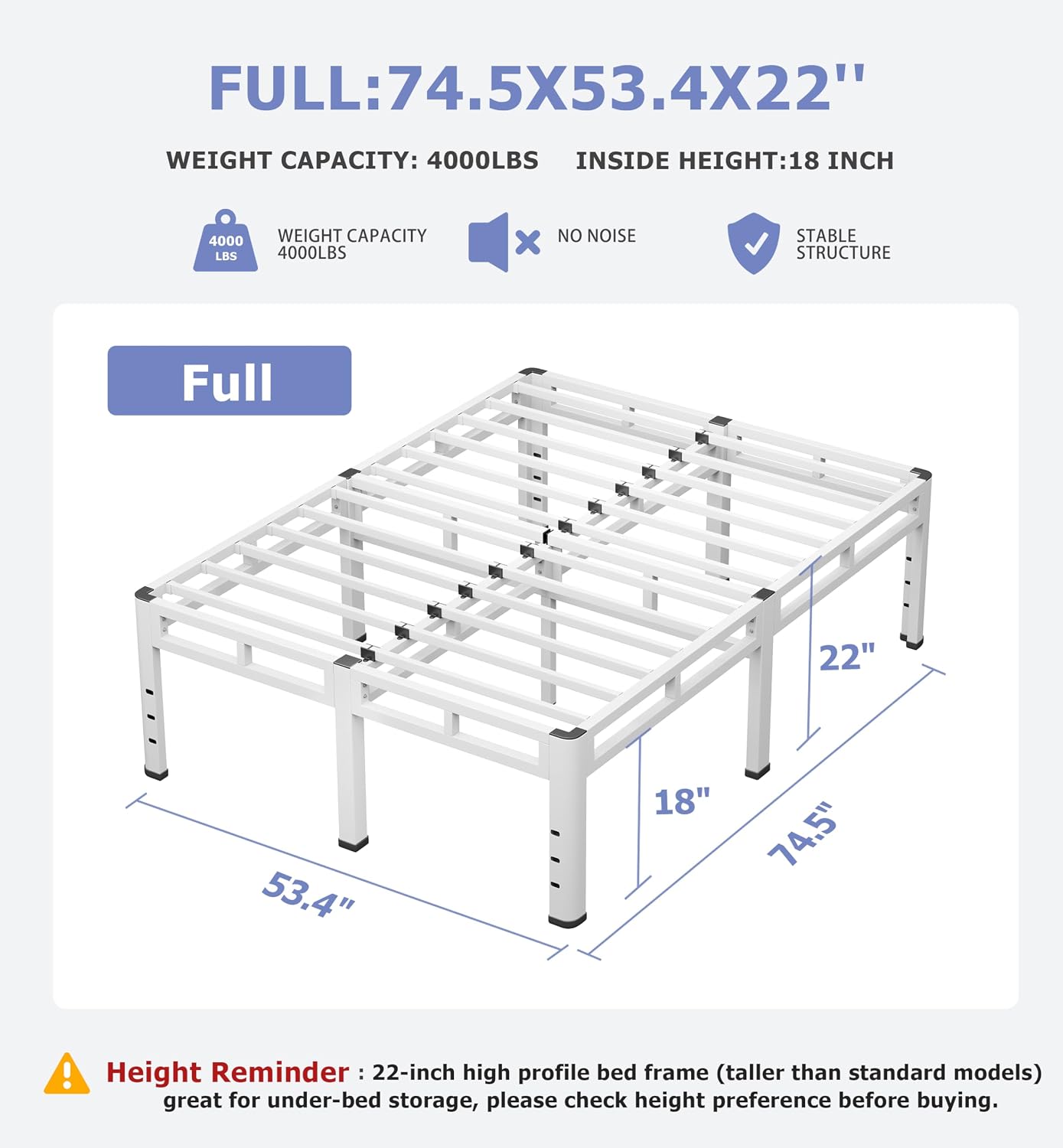 NKZ 22 Inch Full Size Bed Frame, Metal Bed Frame & Box Spring 2 in 1 Platform with Round Corner Legs, 4000Lbs Heavy Duty Metal Frame, Mattress Slide Stopper, Headboard Hole, Noise-Free, Easy Assembly