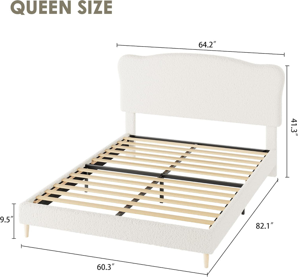 GarveeHome Queen Size Bed Frame with Upholstered Headboard, Soft Low Profile Sturdy Platform Bed with Rounded Corners Design, Heavy Duty, Wooden Slats, Noise Free, No Box Spring Needed, Beige