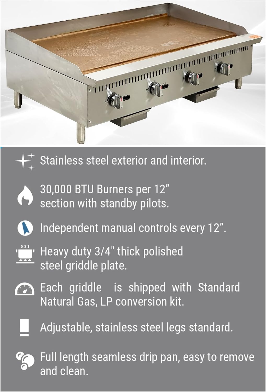 Commercial Gas Griddle ETL Flat Top Grill Stove Propane LP Natural Gas, 48'
