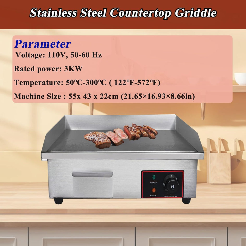 TECHTONGDA Commercial Electric Griddle Countertop Flat Top Griddle Stainless Steel Hot Plate BBQ Teppanyaki Grill Adjustable Temperature Griddle Grill for Home or Restaurant Use