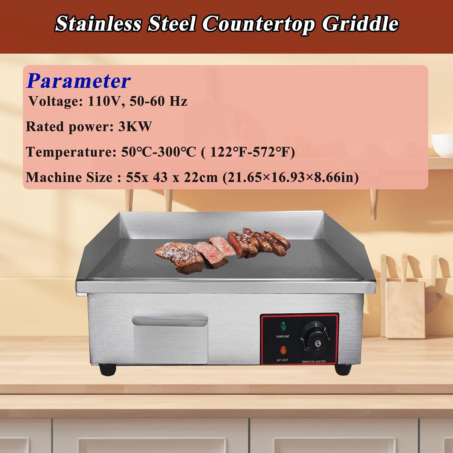 TECHTONGDA Commercial Electric Griddle Countertop Flat Top Griddle Stainless Steel Hot Plate BBQ Teppanyaki Grill Adjustable Temperature Griddle Grill for Home or Restaurant Use