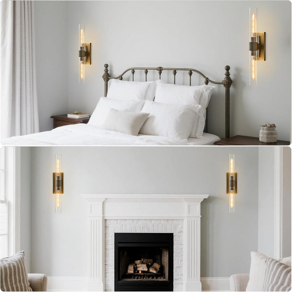 Linear Brass Bathroom Wall Sconce - Luxury Antique Brushed Gold Sconces Set of 2 - Dimmable Vanity Lights Fixture with Clear Glass Tube - Modern Lighting for Bedroom Living Room Hallway Indoor Decor