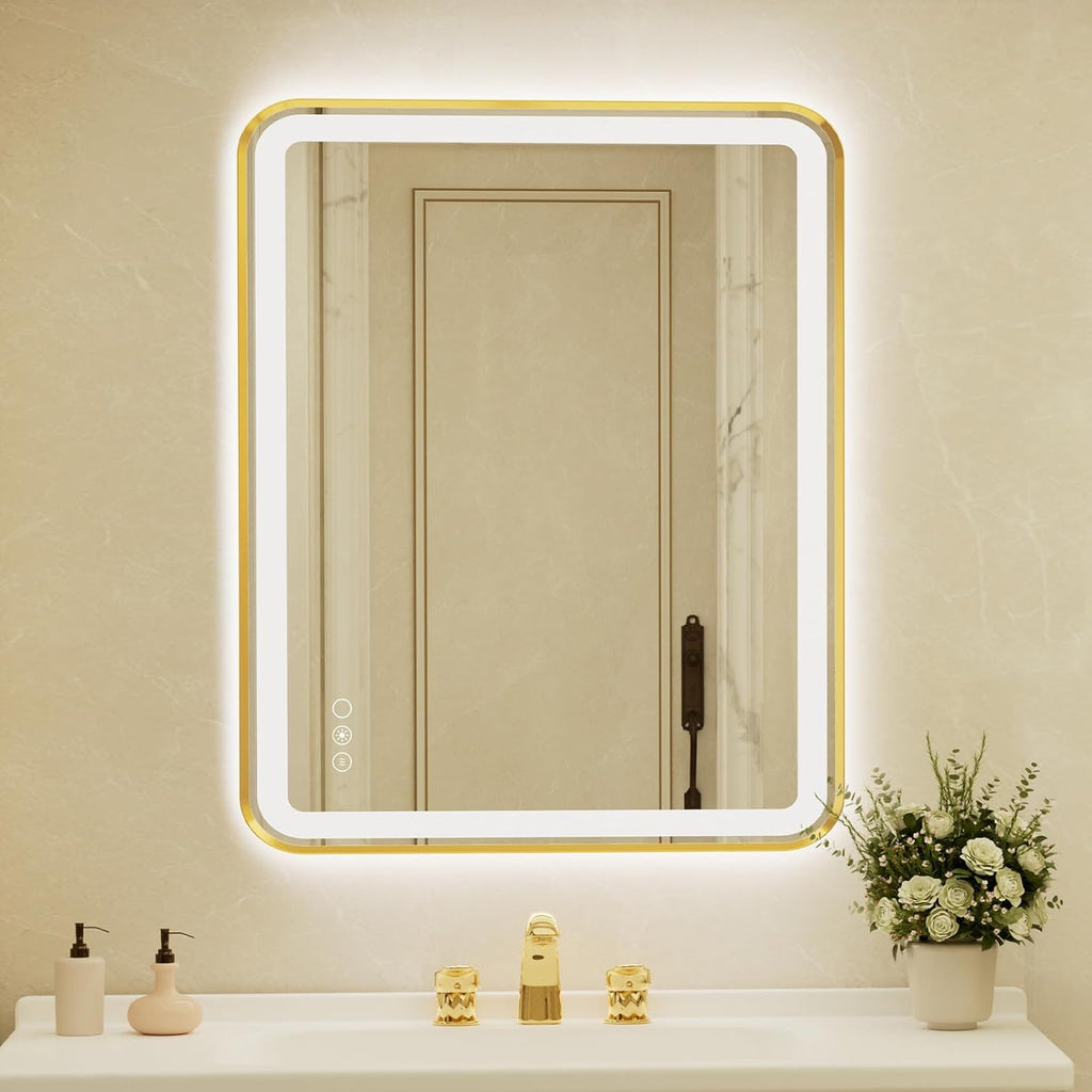 28x40 Inch LED Bathroom Mirror with Gold Frame,Front and Backlit Vanity Mirror,Tempered Glass,Stepless Dimmable Wall Mirrors with Anti-Fog, 3 Colors, Memory, Waterproof, LED Smart Bathroom Mirror