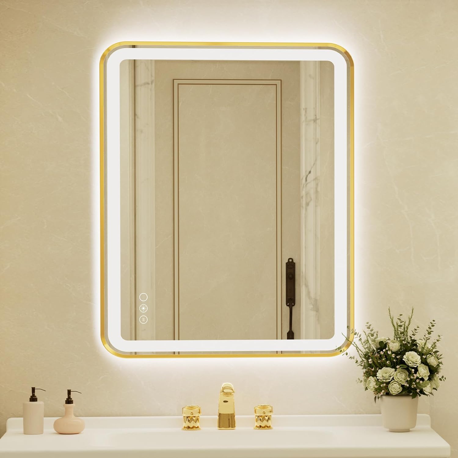 28x40 Inch LED Bathroom Mirror with Gold Frame,Front and Backlit Vanity Mirror,Tempered Glass,Stepless Dimmable Wall Mirrors with Anti-Fog, 3 Colors, Memory, Waterproof, LED Smart Bathroom Mirror