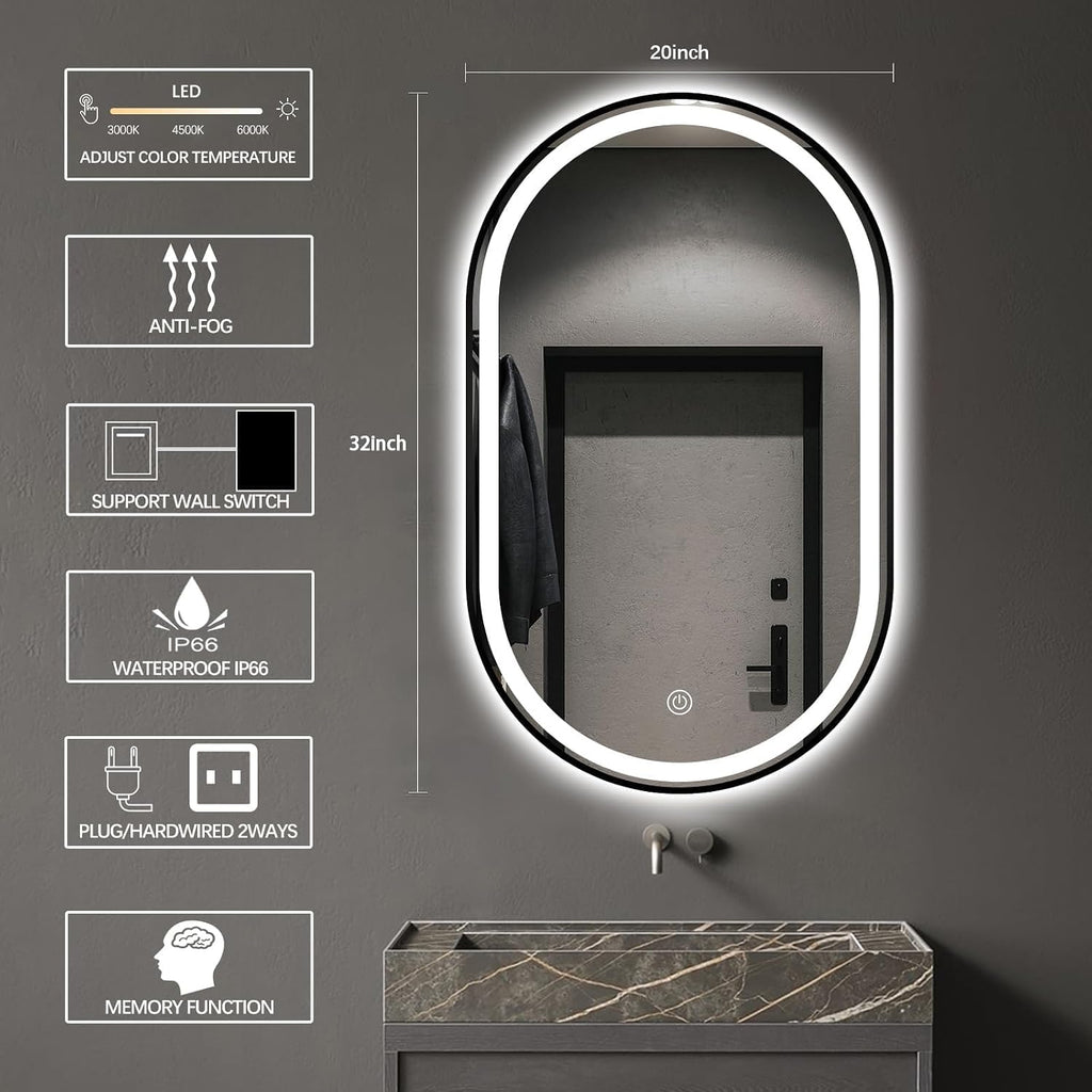 32'x20' Oval LED Bathroom Mirror with Lights, Black Anti Fog Lighted Vanity Mirror Wall Mounted, LED Oval Mirror with 3 Colors, Memory, ShatterProof, Front/Backlit, Horizontal/Vertical