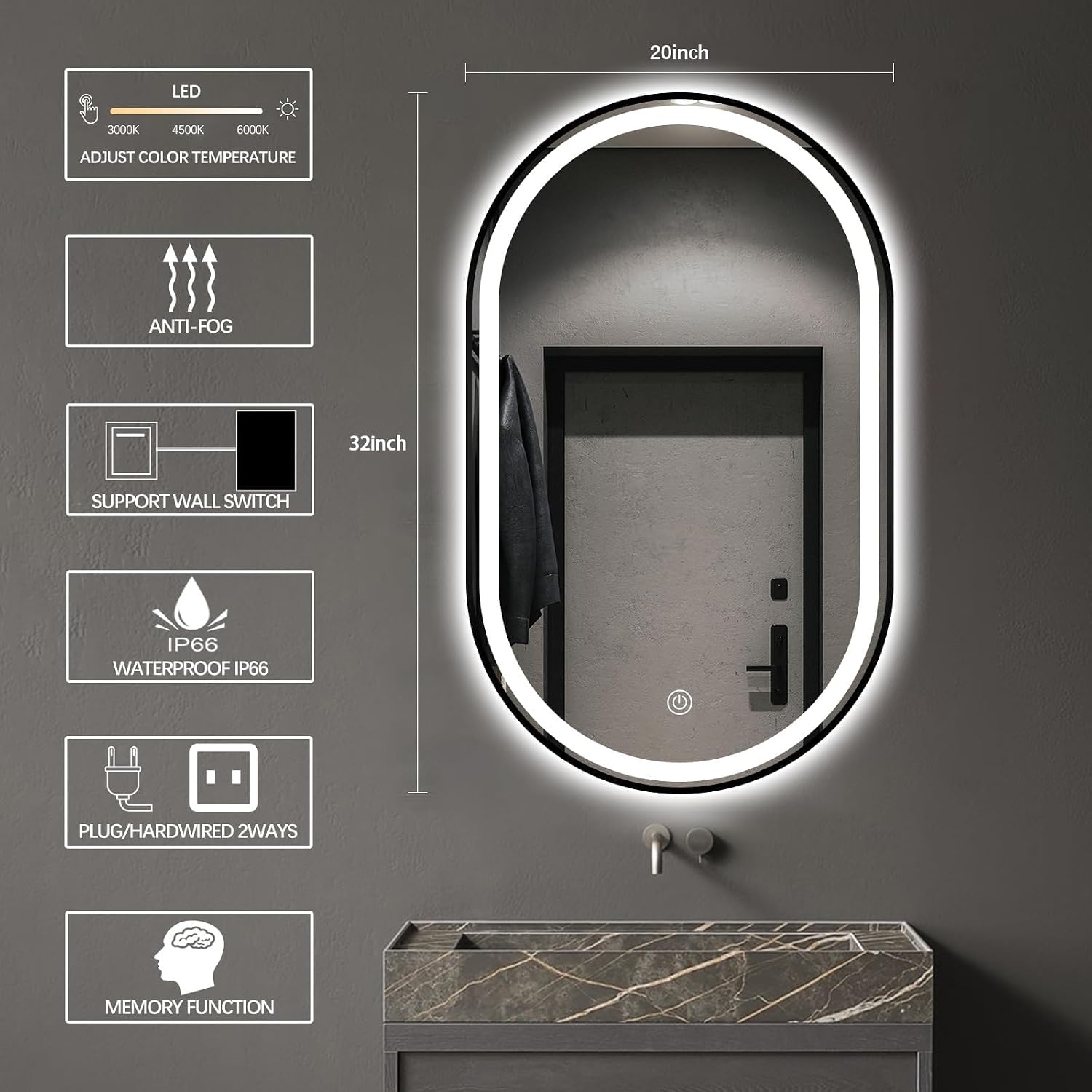 32'x20' Oval LED Bathroom Mirror with Lights, Black Anti Fog Lighted Vanity Mirror Wall Mounted, LED Oval Mirror with 3 Colors, Memory, ShatterProof, Front/Backlit, Horizontal/Vertical