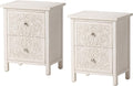 COZAYH Set of 2 Farmhouse Fully-Assembled Nightstand with 2-Drawer, Flower Motif End Table for Small Spaces, French Country, Modern, Distressed Finish, White-Washed