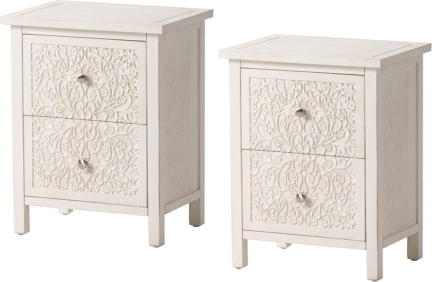 COZAYH Set of 2 Farmhouse Fully-Assembled Nightstand with 2-Drawer, Flower Motif End Table for Small Spaces, French Country, Modern, Distressed Finish, White-Washed