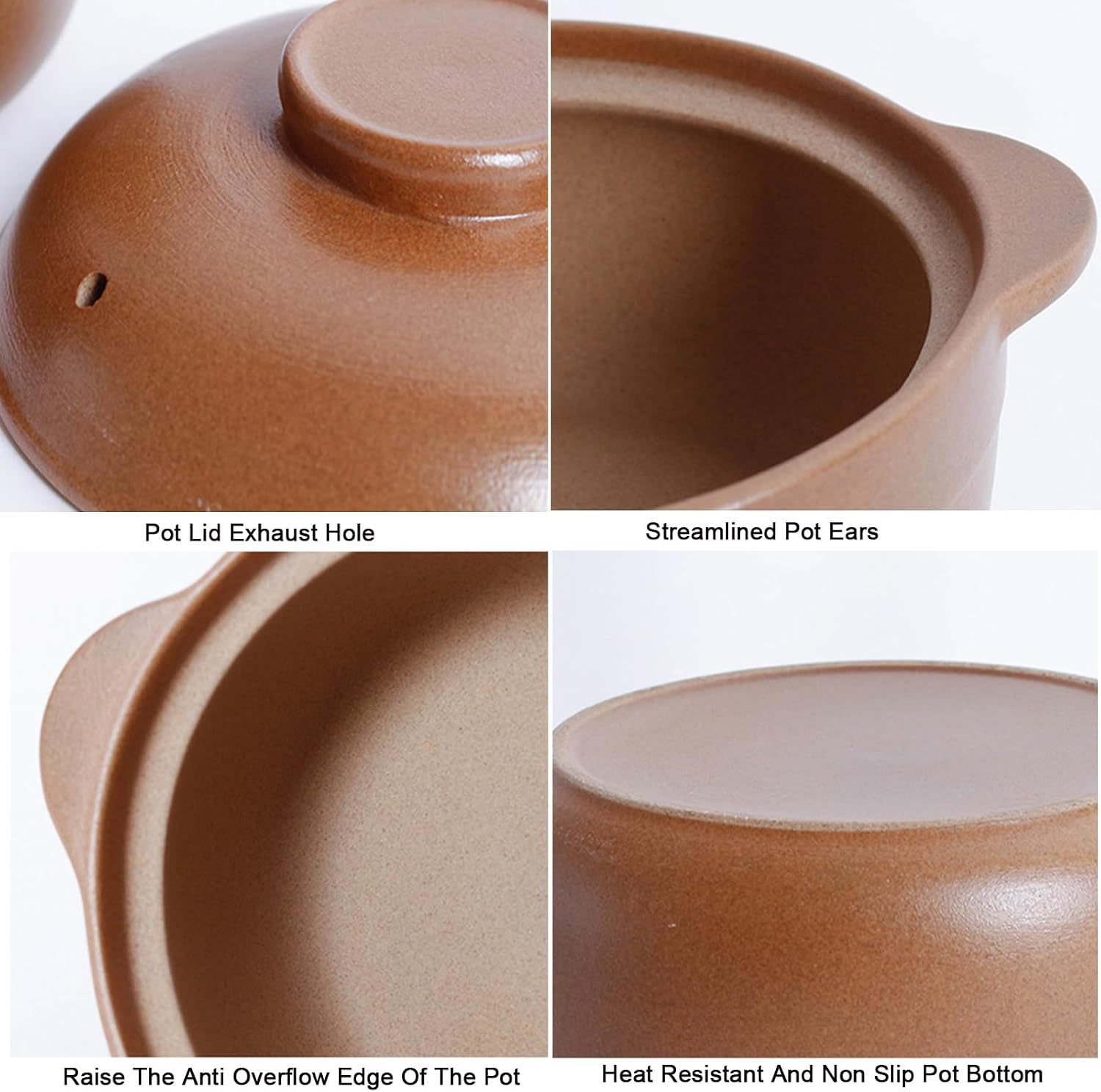 Clay Cooking Pot with Lid and Dual Handles - Round Ceramic Casserole for Soup and Stews, Uniform Heating Household Braiser Pan-Brown-0.3L/0.317Quart