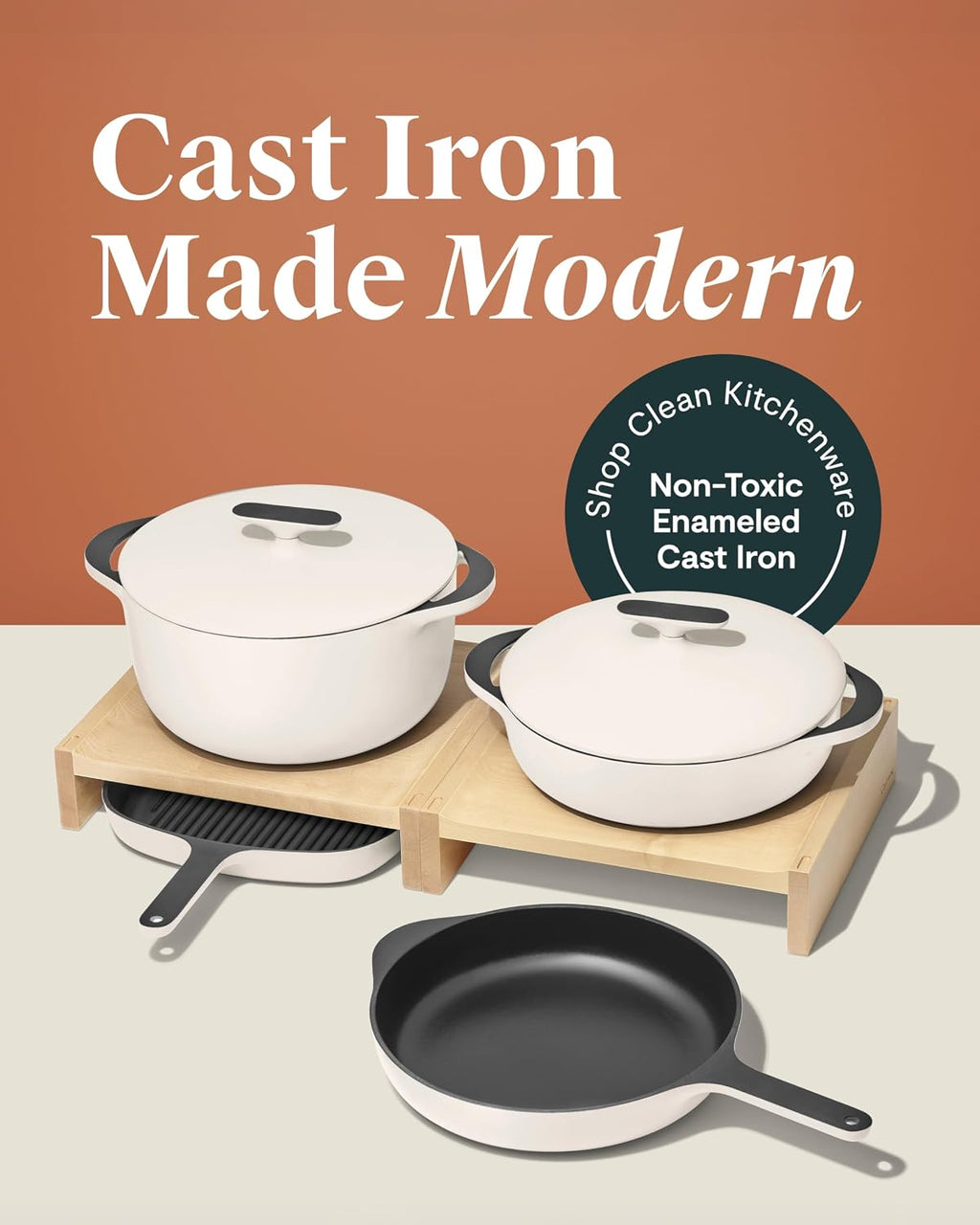 Caraway 8-Piece Enameled Cast Iron Set - 10.5' Skillet, Grill Pan, 3.5 qt Braiser Pan, 6.5 qt Dutch Oven with Lid and Organizers - Non-Toxic 3-Layer Enamel Coating - No Seasoning Required - Cream