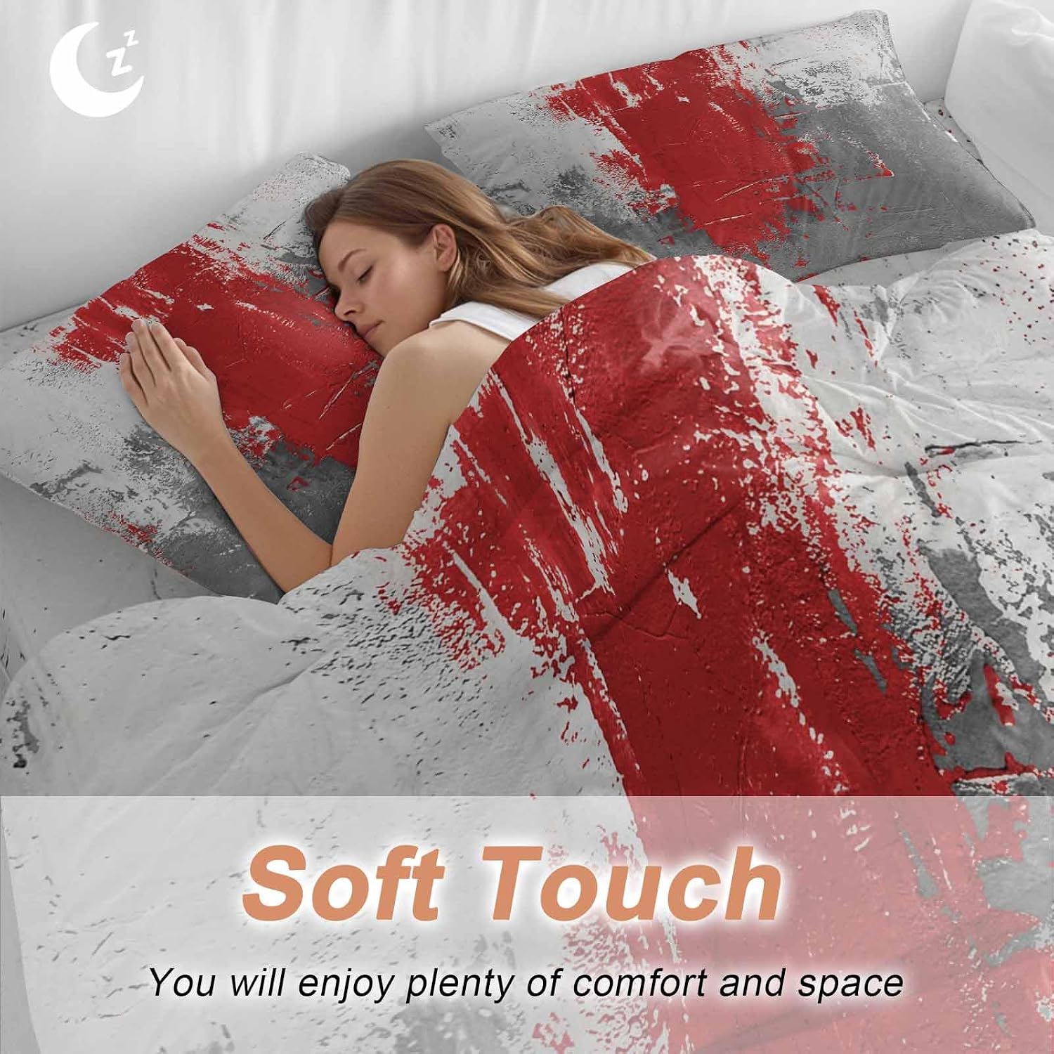 Abstract Art Duvet Cover Set Queen Size 4 Pieces Red Grey Wall Mottled Texture Minimalist Modern Bedding Set with Zipper Closure, 1 Comforter Cover 86x86 Inches 1 Flat Sheet & 2 Pillow Cases