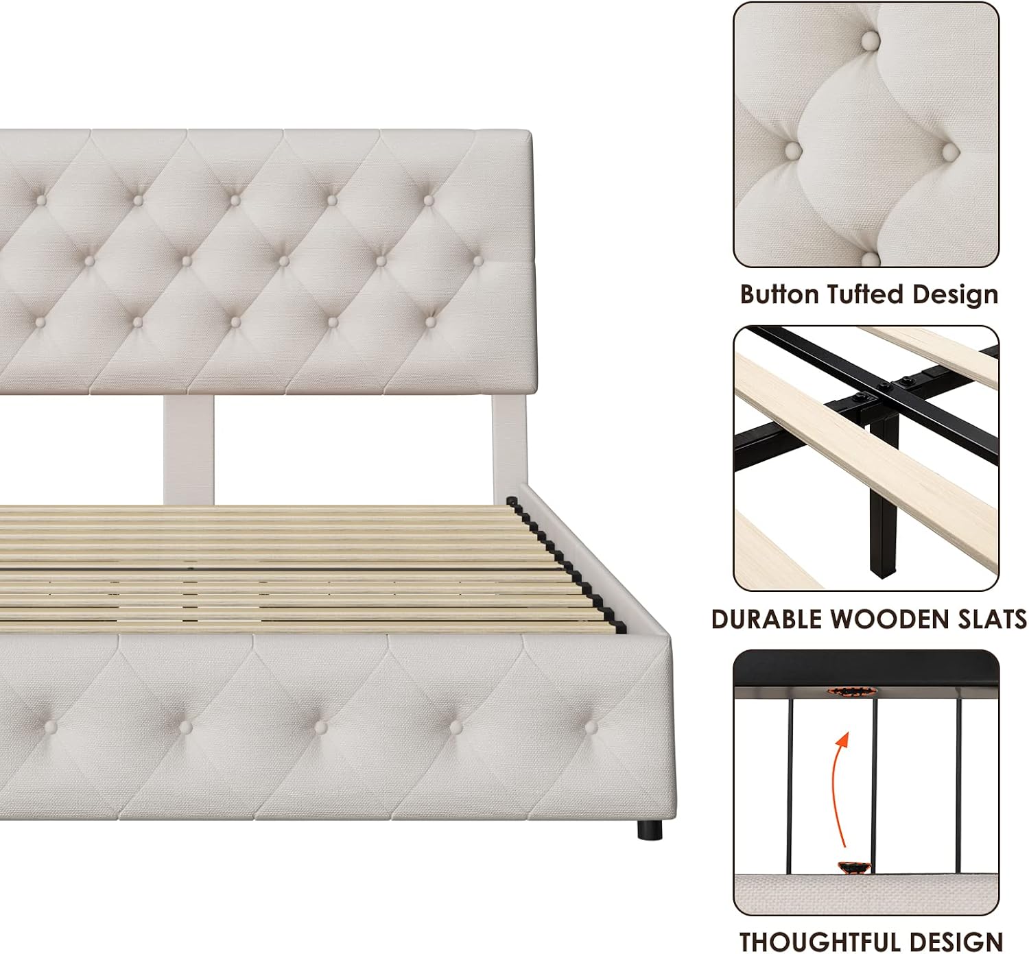 TTVIEW Full Size Bed Frame with 4 Storage Drawers and Adjustable Headboard, Upholstered Platform Bed with Button Tufted Design, Strong Wooden Slats Support, No Box Spring Needed, Fabric, Cream