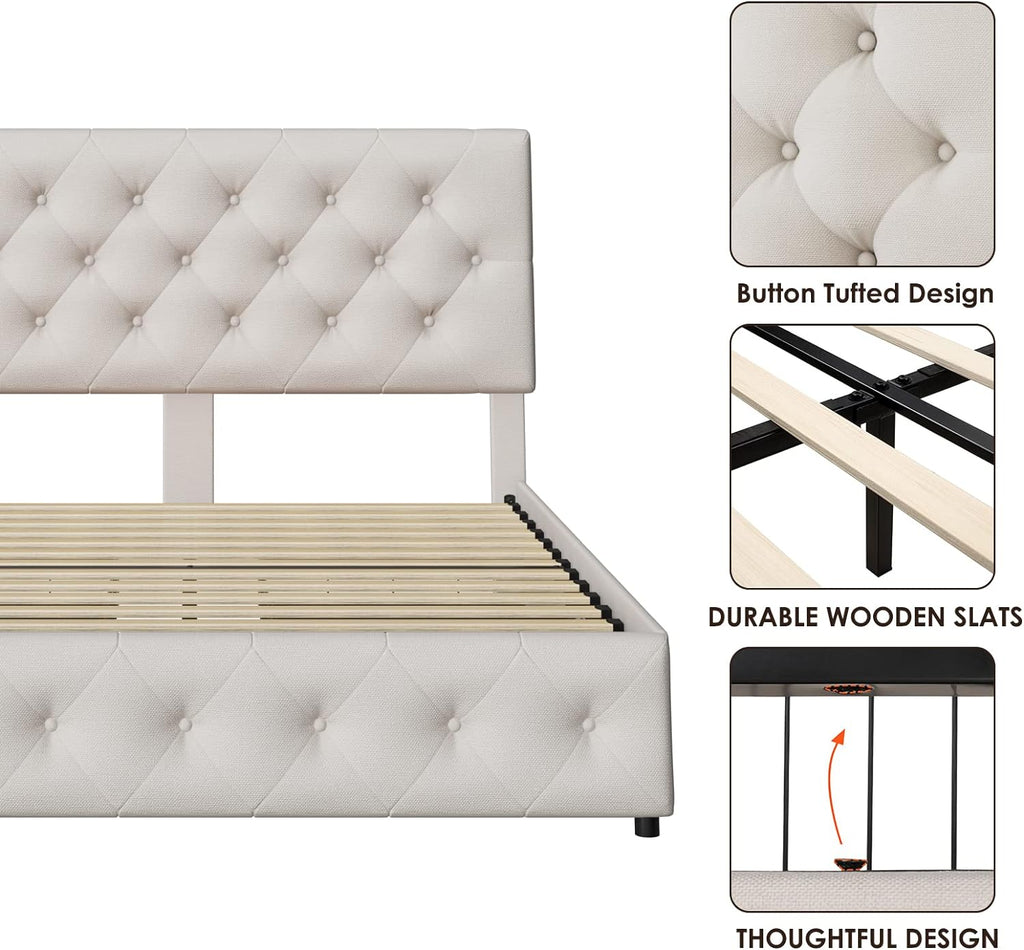 TTVIEW Queen Bed Frame with 4 Storage Drawers and Adjustable Headboard, Upholstered Platform Bed with Button Tufted Design, Strong Wooden Slats Support, No Box Spring Needed, Fabric, Cream