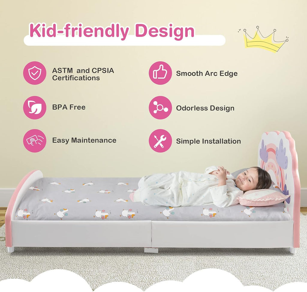 Costzon Twin Bed Frames for Kids, Wood Upholstered Twin Bed Platform with Slat Support, Padded Headboard&Footboard, No Box Spring Needed, Easy Assembly, Fits Standard Twin Mattress (Cloud)