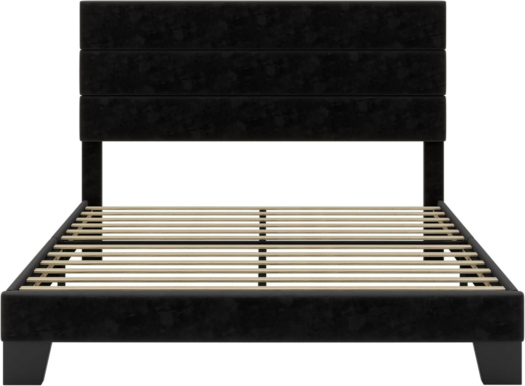 SHA CERLIN Full Platform Bed Frame with Velvet Upholstered Headboard, Mattress Foundation with Strong Wooden Slats Support, No Box Spring Needed, Black