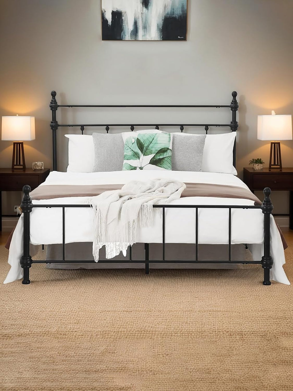 Queen Size Bed Frame, Metal Platform Bed with Straight Headboard, Retro Luxury Roman Column, Easy Set up, No Box Spring Needed, Storage Space Under-Bed（Queen）