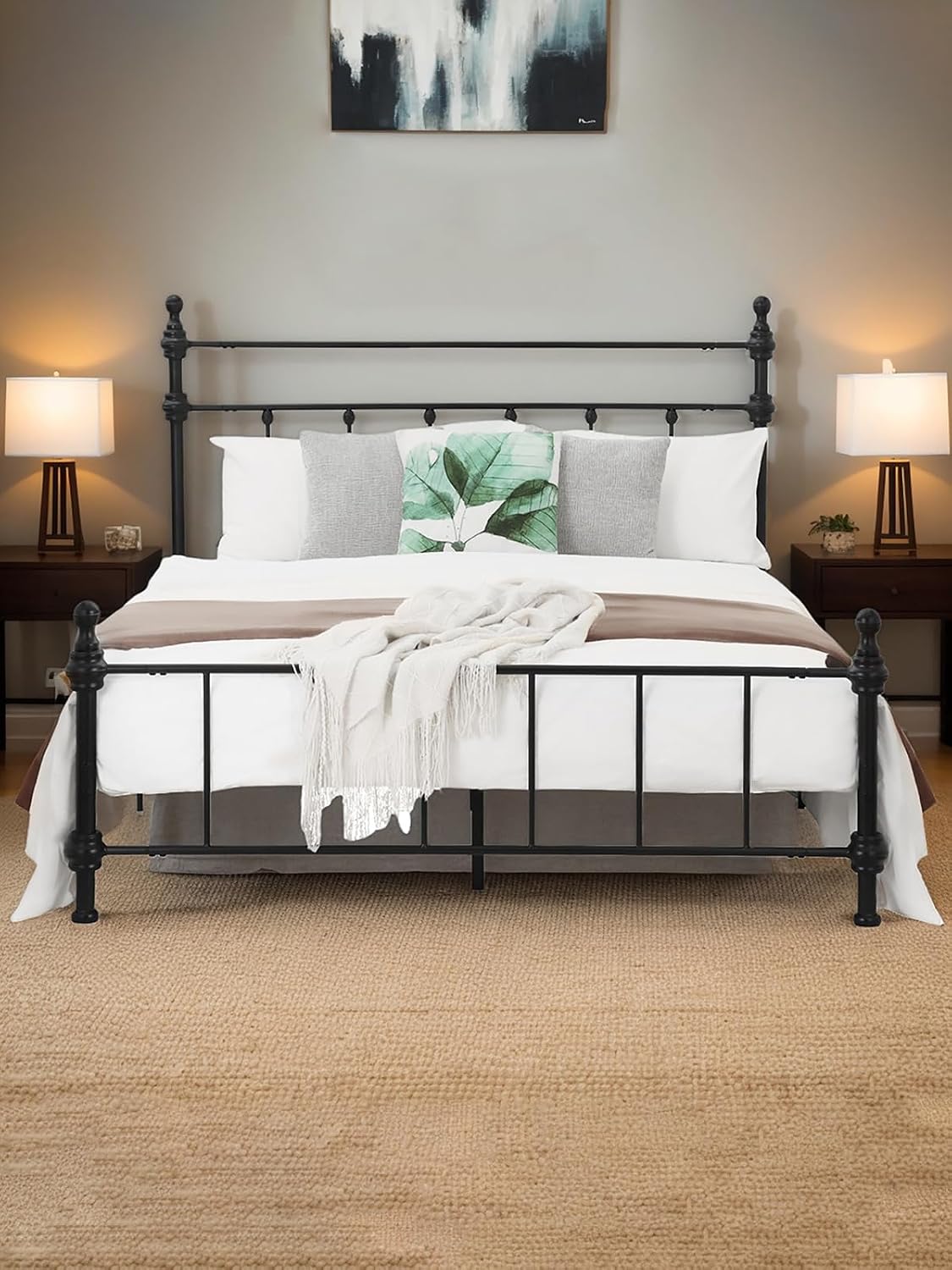 Queen Size Bed Frame, Metal Platform Bed with Straight Headboard, Retro Luxury Roman Column, Easy Set up, No Box Spring Needed, Storage Space Under-Bed（Queen）