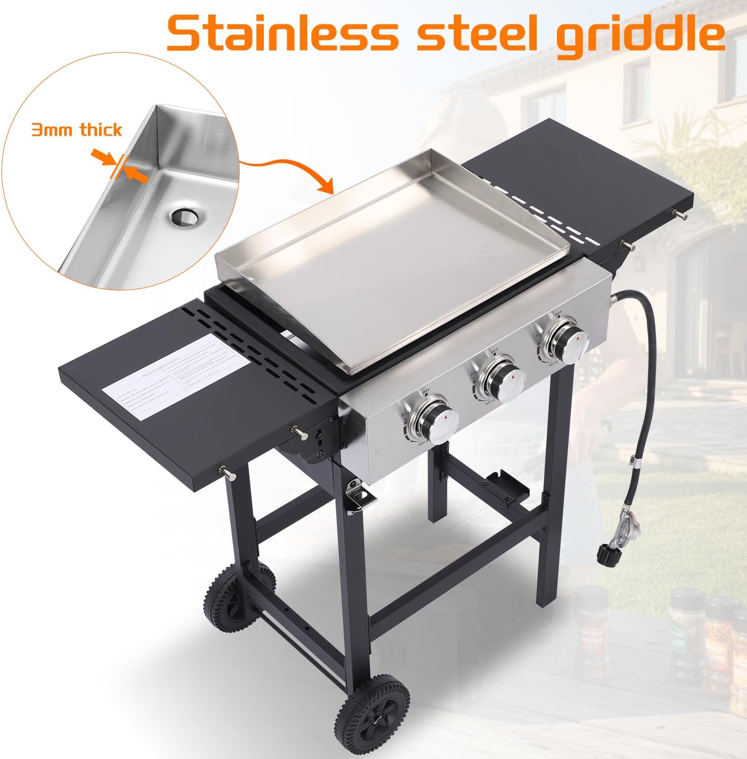 3-Burner Flat Top Gas Grill with Stainless Steel Griddle, Includes Cover & Regulator - Perfect for Camping, Tailgating, Backyards